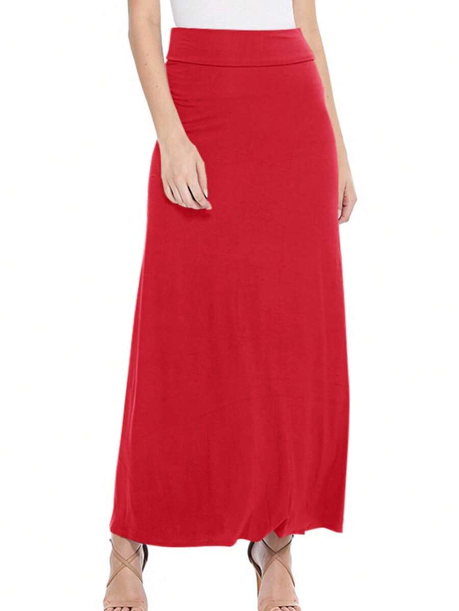 Maxi Length High Waist Foldable Waistband Solid Skirt  Plain  Casual  Elegant  Knitted Fabric        Home  Office  Street  Daily - Đỏ - Xem 1