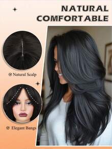 编织假发优雅卷发波浪中长女士假发 - 唐长纤维，玫瑰网帽，150% 密度，适合所有人 - 黑色 - 查看 6