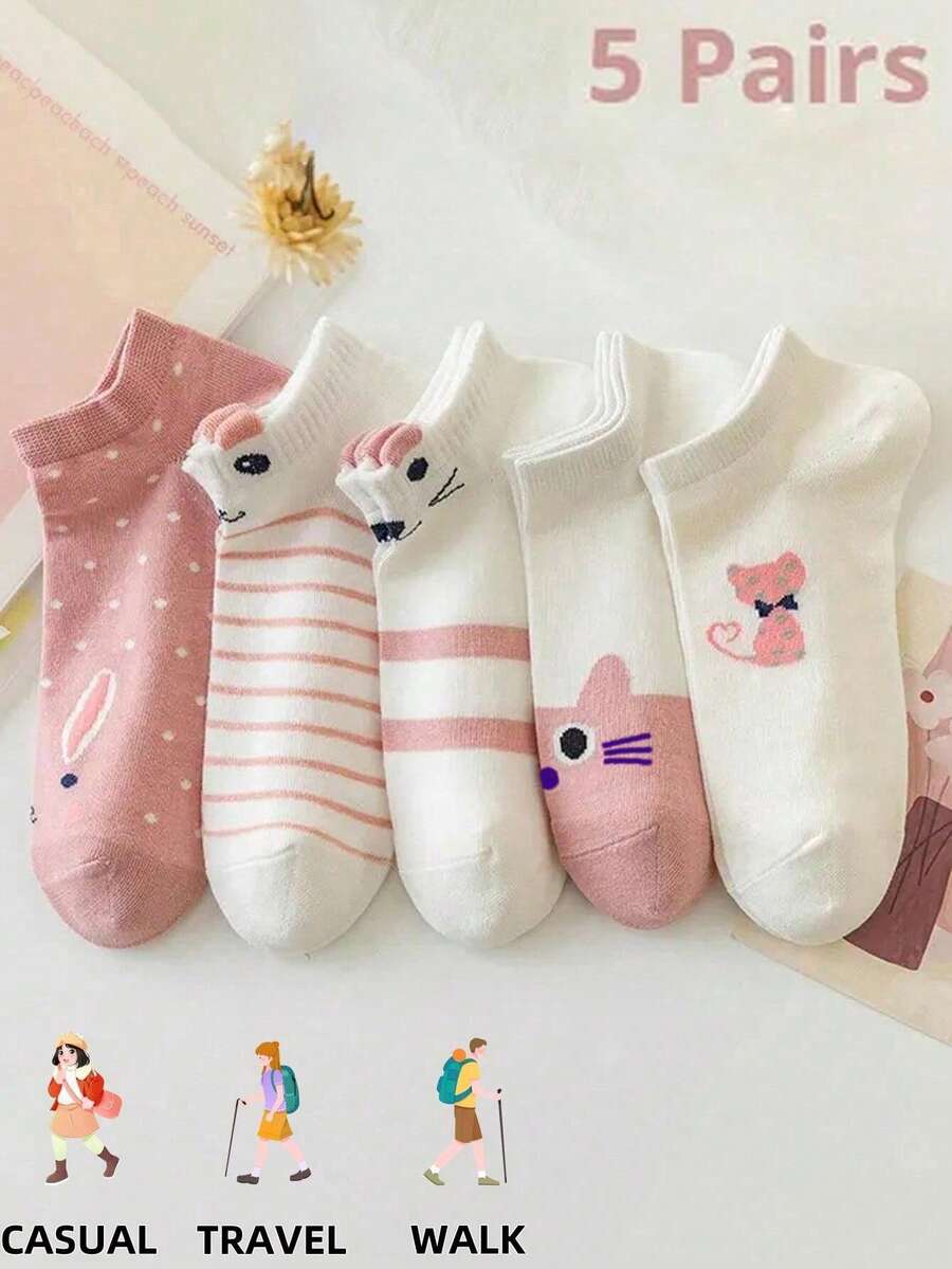 运动户外5双女士运动短筒袜粉色猫咪薄款四季可爱船袜慢跑上脚潮流袜子