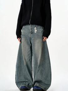 1 pieza Vaqueros de hombre con pierna ancha y ajuste suelto con efecto desgastado vintage, de moda y versátiles