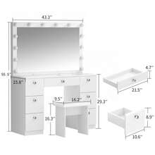 VOWNER 44" Vanity Desk Set With Power Outlet, Makeup Vanity Table With 14 Bulbs Mirror 3 Color & Brightness Adjustable 7 Drawers For Storage, For Girls Women, Halloween & Thanksgiving - 白色-44"W - 查看 9