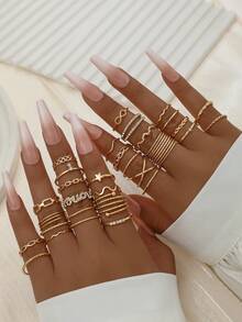 30pcs Metal Textured Rhinestone Rings Set, Minimalist Everyday Stackable Fashion Finger Rings For Women - 30 Patterns - View 1