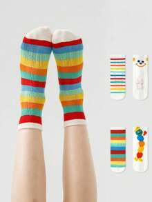 4 Pairs/Pack Kid Rainbow Striped Caterpillar Socks With Mesh Ventilation, Spring/Summer Thin Breathable Socks For Children - Multicolor - View 7