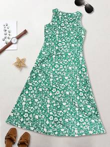 Casual Vacation Style Ditsy Floral Slim Fit Flattering Dress For Women, Versatile For Outings, Spring/Summer Elegant - Green - View 4