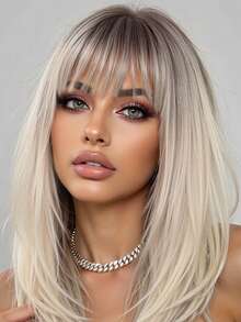 14-Inch Brown Gradient Gold With Layered Bangs Mid-Length Straight Hair Synthetic Woven Synthetic Fiber Wig Women's Wig For Holiday Travel Home Party Cosplay Everyday Use - 漸變金色 - 查看 2