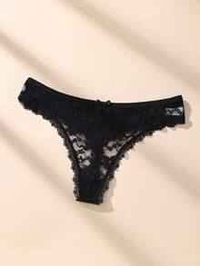 3 件套黑色性感蕾丝拼接女士丁字裤，可爱蝴蝶结柔软舒适透气内衣 - 黑色 - 查看 5