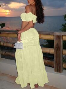 2025 Summer Women's 2 Piece Boho Outfits For Women Short Sleeve Off Shoulder Crop Top And High Waist Flowy Long Skirt Set Beach Women Outfits - 黃色 - 查看 2