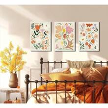 Juego de 3 pinturas en lienzo de flores bohemias, arte de pared abstracto botánico con floral, cuadros de pared, pósteres minimalistas de plantas, impresiones artísticas para sala de estar, dormitorio, oficina y decoración del hogar - Pintura mural enmarcada en tres piezas, arte de pared con marco