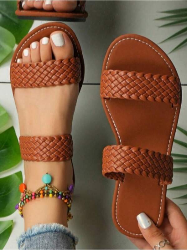 Damen Mode Geflochten Riemen Flache Slipper Sandalen, Veloursleder Sohle minimalistisch bequem, geeignet für Zuhause, Lässig, Strand und Outdoor