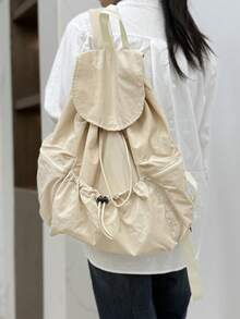 2025 New Drawstring Pleated Casual Backpack, Practical Large Capacity Student Book Bag For Men/Women, Back To School, Water-Repellent Nylon, Multiple Colors Available, School Supplies, School Backpack, School Bag, Backpack For School, Back To School Backpack, School Bookbag, Big Backpack, Backpack School, Back To School Bags, Waterproof, Lightweight, Portable, Foldable, Classic Casual, Suitable For Teen Girls Women College Students, Perfect For Back To School, First Day Of School, Middle School, High School - Beige - View 7