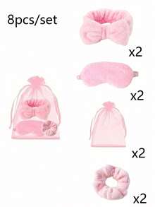 8pcs/4pcs Spa Party Supplies Set, Sleepover Party Favors, Includes 2/1 Bow Headbands, 2/1 Plush Sleep Masks, 2/1 Fluffy Hair Scrunchies, 2/1 Organza Gift Bags, Great For Weddings, Bachelorette Parties, Bridal Shower Gifts, Party Favors - Multicolor - View 8