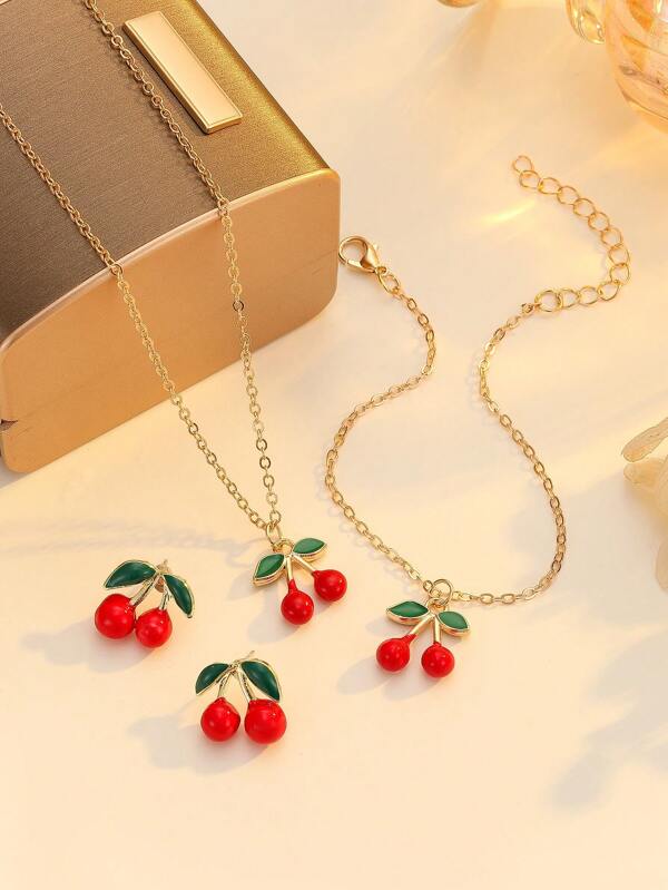1 Set Of 4pcs Unique Cherry Design Necklace, Bracelet, Earrings Jewelry Set, Sweet & Charming Personalized Style