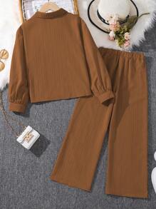 Left Mama 2 Pieces Girl's (Plus Size) Set - Long Sleeve Collared Shirt Top & Pants, New Style For Autumn