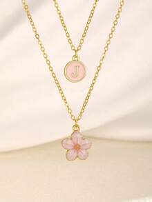 2pcs/Set Fashionable Delicate Sweet Five-Petal Flower & Letter Double Layer Necklace, Suitable For Girls Beach Vacation, Choker Necklace, Can Be Birthday Gift For Family And Friends - Pink - View 1