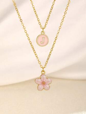 2pcs/Set Fashionable Exquisite Sweet Five-Petal Flower & Initial Letter Double-Layered Necklace For Girls Summer Beach Vacation Clavicle Chain Choker For Family Friends Birthday Gift