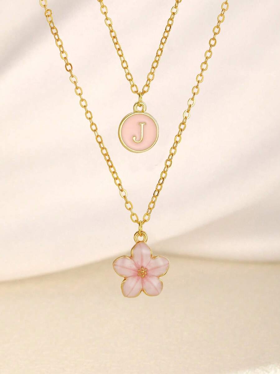 2pcs/Set Fashionable Delicate Sweet Five-Petal Flower & Letter Double Layer Necklace, Suitable For Girls Beach Vacation, Choker Necklace, Can Be Birthday Gift For Family And Friends - Pink - View 1