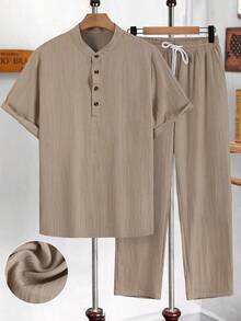 Bộ 2 áo thun polo tay ngắn cổ bẻ vải nhăn thường ngày cho nam kèm quần rút eo, đa năng cho ăn uống, tụ tập, đi nghỉ, ở nhà, văn phòng, quà tặng tuyệt vời cho bạn trai hoặc chồng, trang phục mùa xuân/hè ấm áp - Màu be - Xem 3