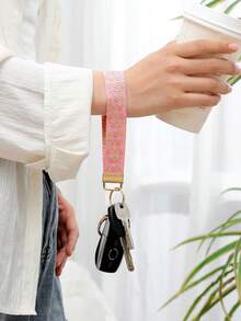 1pc Zinc Alloy Keychain, Keyring, Wristlet Keychain, Pink Geometric Pattern Webbing Keychain, Women Car Key Chain, Women Elegant Bag Pendant Keychain, Women Fashion Webbing Keychain, Universal Keychain, Women Fashion Keychain (Please Note That Due To Different Photography Angles, The Color May Vary Slightly From The Actual Item) - Pink - View 3