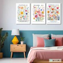 Conjunto de 3 obras de arte en lienzo con acuarelas de flores silvestres cristianas, versículo bíblico, decoración de pared con flores botánicas, pósters e impresiones para dormitorio de niñas, sala de estar y dormitorio, listo para colgar, mural de atmósfera de alta gama - Tres piezas enmarcadas