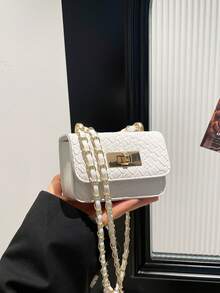 迷你方形包，编织纹理，绗缝，新款女士手提包，菱形图案，高品质缝线，单肩包，编织链带，翻盖，小包，口红袋，可爱斜挎包，配饰袋 - 白色 - 查看 7