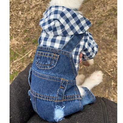 1 件宠物条纹四腿连体衣，牛仔效果连体衣背带裤狗衣服，春夏宠物服装