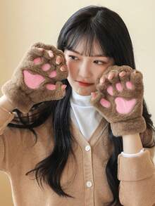 1 Pair Cute Cat Paw Fingerless Gloves, Plush Half-Finger Gloves, Warm & Cold-Resistant, Suitable For Girls Daily Use In Winter (With Rope) - Multicolor - View 4