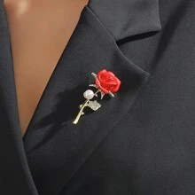 1pc Fashion Pearl Rhinestone Rose Flower Brooch - Red - View 4