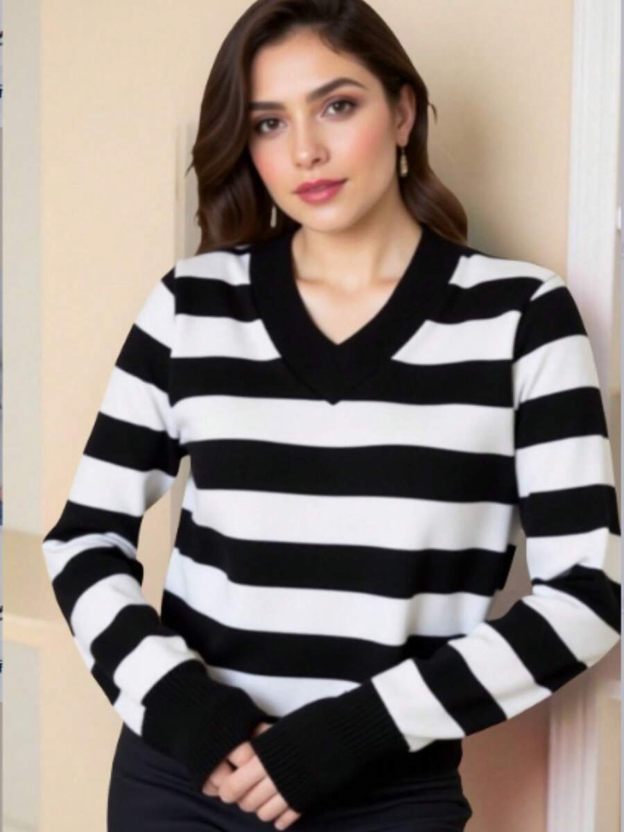 TRICOZHU Knitted Long Sleeve Striped Blouse V-Neck Striped V-Neck Blouse Polyester With Elastane Ribbed Collar And Cuff ONE SIZE 36-44 - 黑色 - 查看 1
