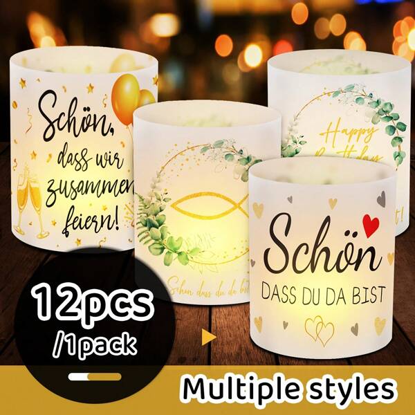 12pcs Plastic Tea Light Holders With German Birthday And Celebration Messages, Eucalyptus Decor, Suitable For Christmas, Easter, Thanksgiving And Other Holidays, No Power Source Required