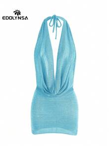 Solid Colour Sexy Stacked V Neck Sleeveless Backless Knit Beach Mini Dress 2025 Women Summer Swimsuit Cover Up Party Outfit - Blue - View 5