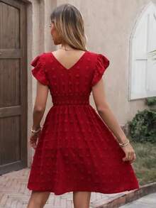 Women Solid Color V-Neck Dress, Fashionable For Summer - Red - View 6