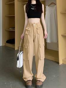 女士卡其色工装裤，新款休闲直筒复古棕色长裤，春秋