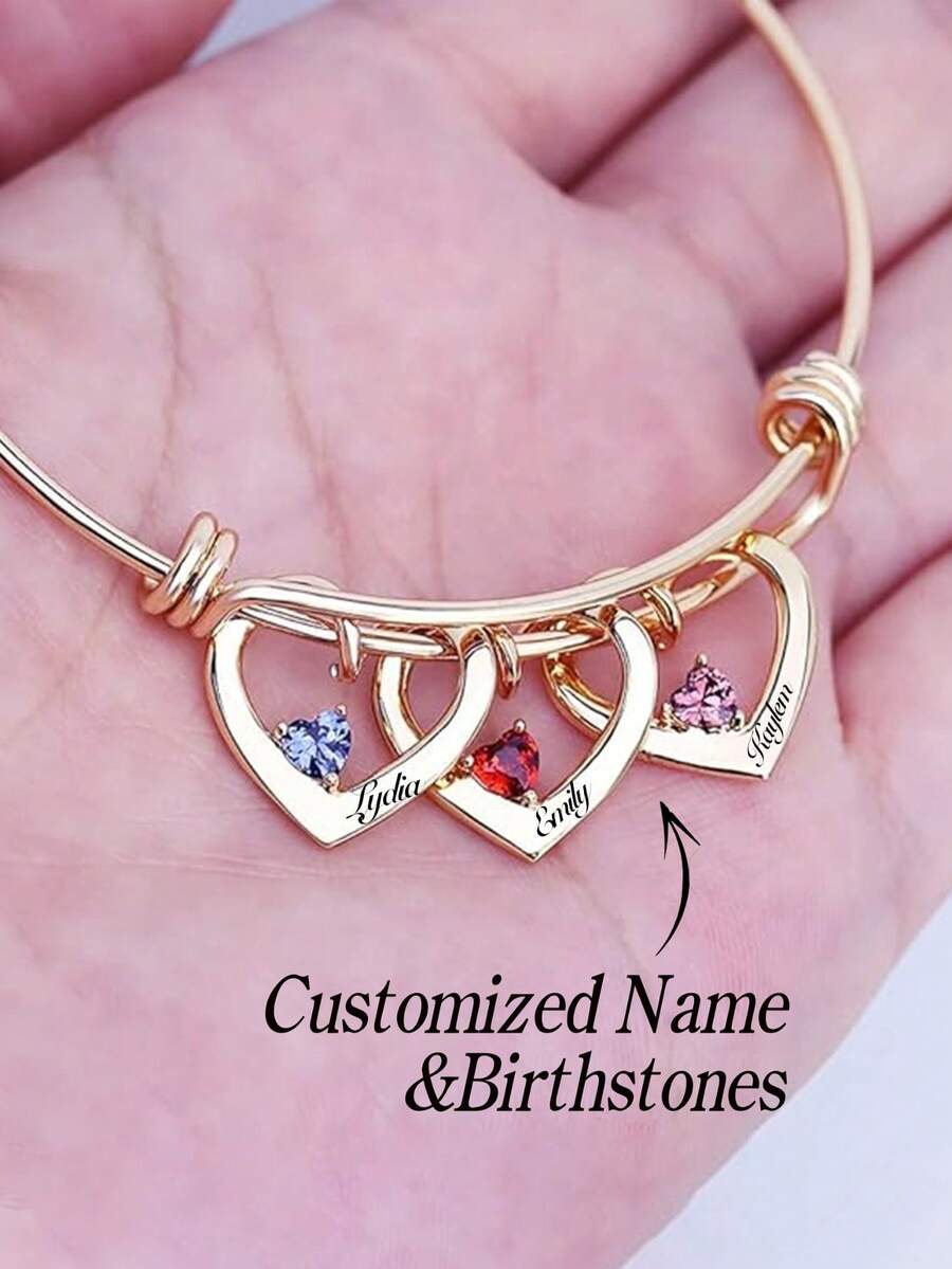 1pc Stainless Steel Heart Shaped Bracelet, Christmas Gift For Girlfriend/Friend/Mother/Daughter, Personalized Christmas Gift With Unique Birthplace And Rhinestones, Customized Name, Women's Jewelry Gift, Mother's Day Gift - Multicolor - View 1