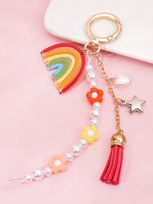1pc Rainbow Heart & Flower Beaded Tassel Keychain Bag Charm, Girls Holiday Gift (Bead Color Random) - Multicolor - View 5