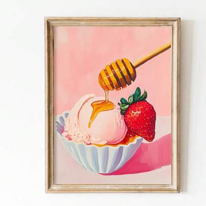 1 pieza, Arte de pared, Carteles vintage, Impresión de helado de fresa, Cartel de helado de miel, Mural de verano pastel, Vida dulce, Decoración de cocina, Arte de taza de postre de helado, Sin marco
