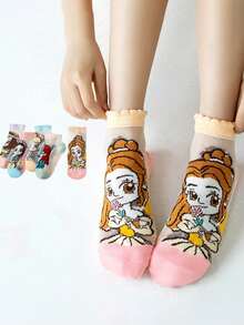 1/5 Pairs,  Princess Cartoon Pattern, Children's Socks, Cute Style, Mesh Breathable Material, Elastic Sock Cuff Design, Comfortable And Not Tight, Sweat-Absorbent And Breathable, Girls' Socks, Suitable For Daily Use, Travel, Leisure And Other Scenes In Spring