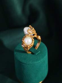 1 Stück verstellbarer Kupferring im Retro-Stil, 18k vergoldet, Luxus-Accessoire mit Vintage-Gefühl, Naturstein- und Perlen-Dekor, passend für Frauen, Hochzeits-/Jahrestags-Geschenk
