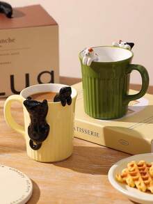 DearDali 1pc 300ml Hand-Painted Embossed Cat Ceramic Coffee Mug, Cute For Women, For Microwave, Ideal For Coffee Lovers, Creative Birthday/Wedding Gift - Green - View 5