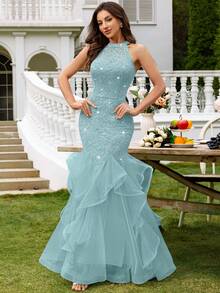 Vestido de fiesta largo con volantes, encaje floral con lentejuelas y contraste de malla sin espalda, elegante vestido de fiesta para damas, vestido de noche formal, vestido de baile, adecuado para invitados de boda, ceremonia de graduación, cena de gala y otras ocasiones - Azul menta - Ver 5
