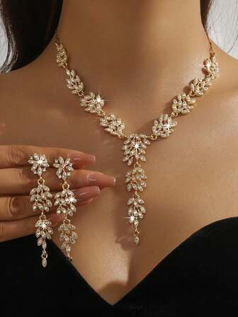 1 套经典叶子长项链和耳环首饰套装，新娘婚礼首饰套装，女士派对配饰