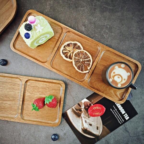 Plateau en bois, assiette multifonctionnelle de dessert/biscuits et grignotines, assiette de fruits de décoration, plateau de tasse à café, assiette compartimentée rectangulaire en bois pour les repas, assiette à pain, assiette pour aliments cuits, assiette à café, assiette de dessert, convient pour les fêtes, les vacances, les sets de table, l'aromathérapie, les plans de travail de cuisine, la fête des pères, Noël, la fête des mères, Halloween