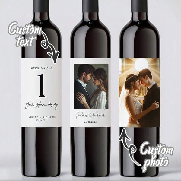 4 pezzi/6 pezzi/12 pezzi Etichette personalizzabili per bottiglie di vino in vinile, adesivi per etichette di vino e champagne con foto, etichette di vino personalizzate per fidanzamento, autoadesive, per nuova casa, ricorrenze, regali di inaugurazione casa, idee per feste di inaugurazione, regali, etichette per bottiglie di vino personalizzabili per matrimonio e fidanzamento con nomi e date
