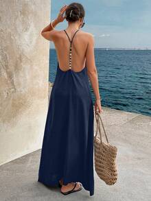 Doriss 串珠露背长裙，优雅女士夏季连衣裙，适合情人节、感恩节、毕业典礼、音乐会、早午餐、海滩度假、夏季海滩派对等场合。 - 藏蓝色 - 查看 2