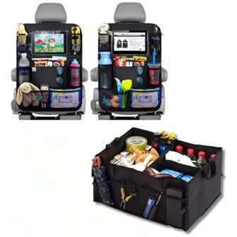 3pcs Folding Car Storage Box - Durable Oxford Cloth Storage Box With Mesh Pocket, Multi Functional Internal Storage Box For Storing Clothes, Tools, And Accessories, Black, Accessory Bracket | Foldable Design | Safe Closure Box, Trunk Storage Box