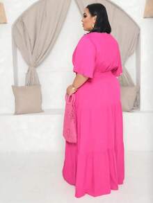 Plus Size Long Dress V Neck Short Sleeve - Hot Pink - View 2
