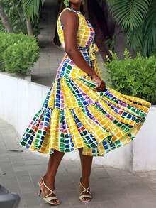 新款欧美风度假印花扎染无袖裹身裙 - 彩色 - 查看 3