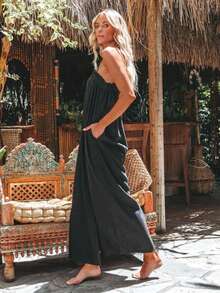 Moda feminina boêmia férias casual cor sólida bolsos camisola macacão perna larga calças - Preto - Ver 3
