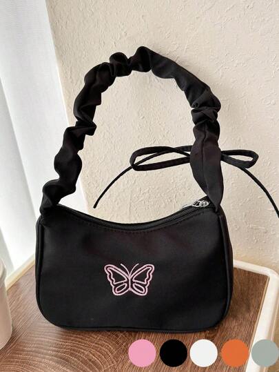 1pc New Fashion Simple Shoulder Handbag Nylon Bag Fashion Embroidery Underarm Bag Versatile One-Shoulder Butterfly Bag High-End Ins Niche Bag Fashion Cute Sweet Pleated Cloud Bag Shoulder Bag College Style Large Capacity Retro Handbag Underarm Bag