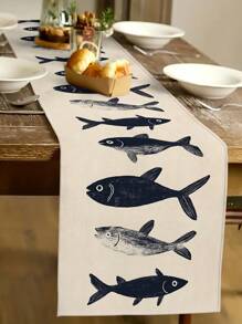 1pc Fish Pattern Table Runner, Modern Style, Faux Linen Material, Available In 33*91cm, 33*183cm Or 33*274cm Sizes, Ocean Theme Home Decor Indoor/Outdoor Party Supplies, Birthday Party Decorations, Room Decor. Suitable For Kitchen Decoration And Event Parties.