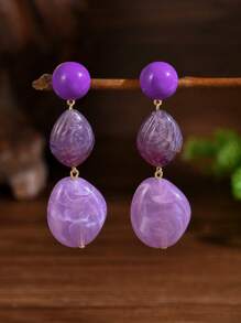 2pcs Elegant Exaggerated Sexy Bohemian Wavy Faux Jade Resin Asymmetrical Block Matching Gold Shell Stud Earrings, Suitable For Sexy Party, Holiday Wear, Colorful Resin Blocks Are Artificial Mixed , Each Piece Is Randomly Colored, There May Be Molding Marks On The Resin